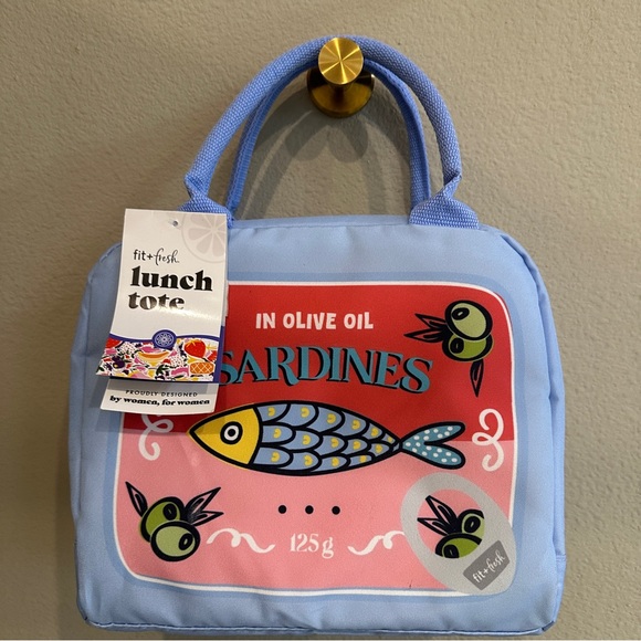 Fit + Fresh Handbags - NWT Fit + Fresh Sardines Print Insulated Lunch Bag Novelty Mini Tote Blue